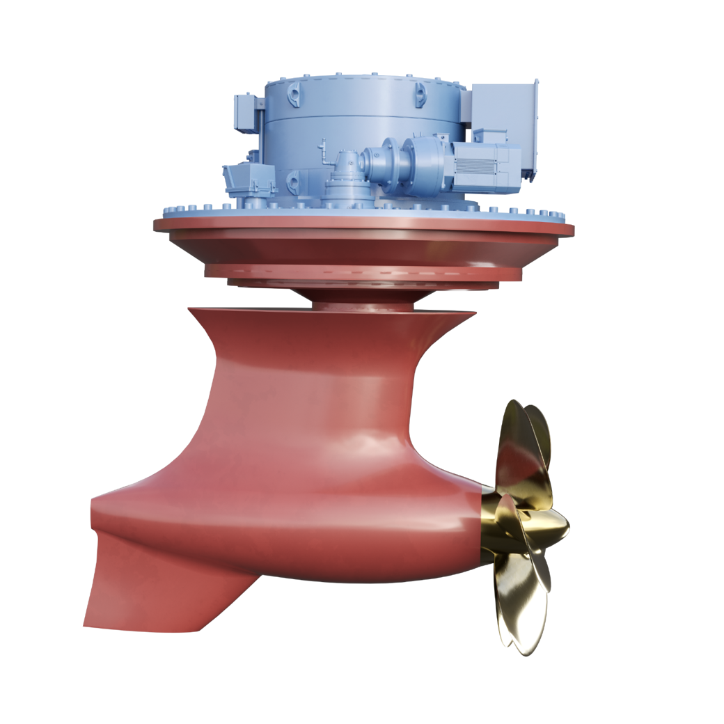 Marine thruster unit with bronze propeller and red underwater housing, isolated on a transparent background.