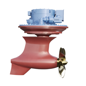 Marine thruster unit with bronze propeller and red underwater housing, isolated on a transparent background.