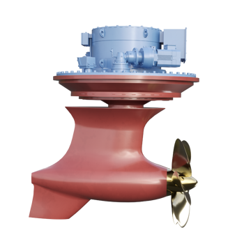 Marine thruster unit with bronze propeller and red underwater housing, isolated on a transparent background.