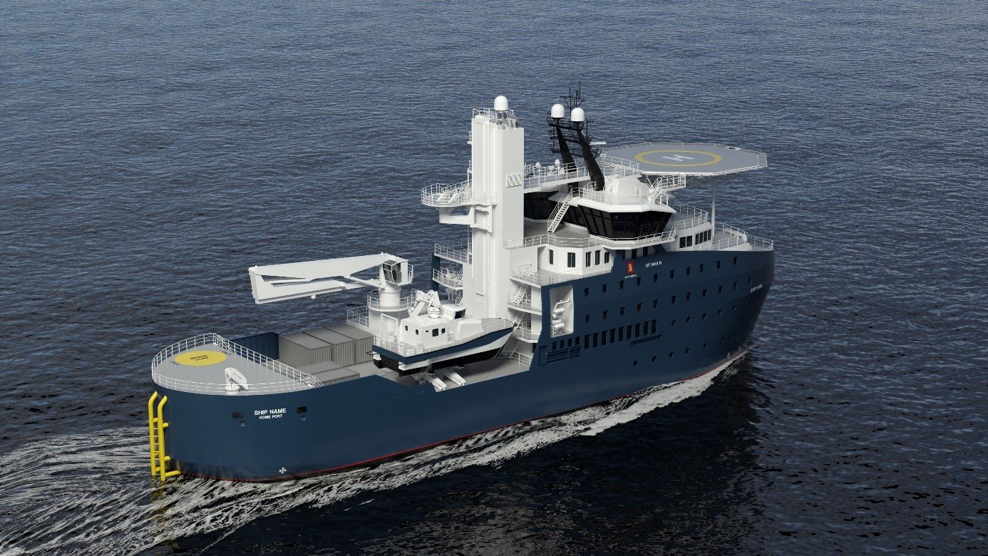 A 3D rendering shows an aerial view of a modern wind farm support vessel design motoring in breezy ocean conditions