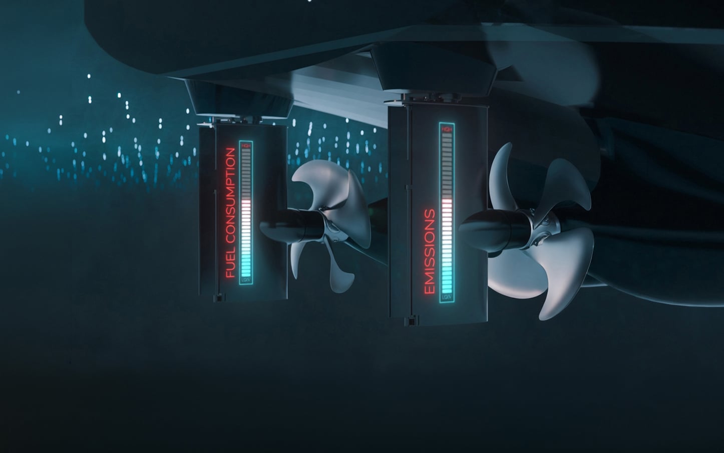 Electric propellers under water with indicators of fuel consumption and emmissions
