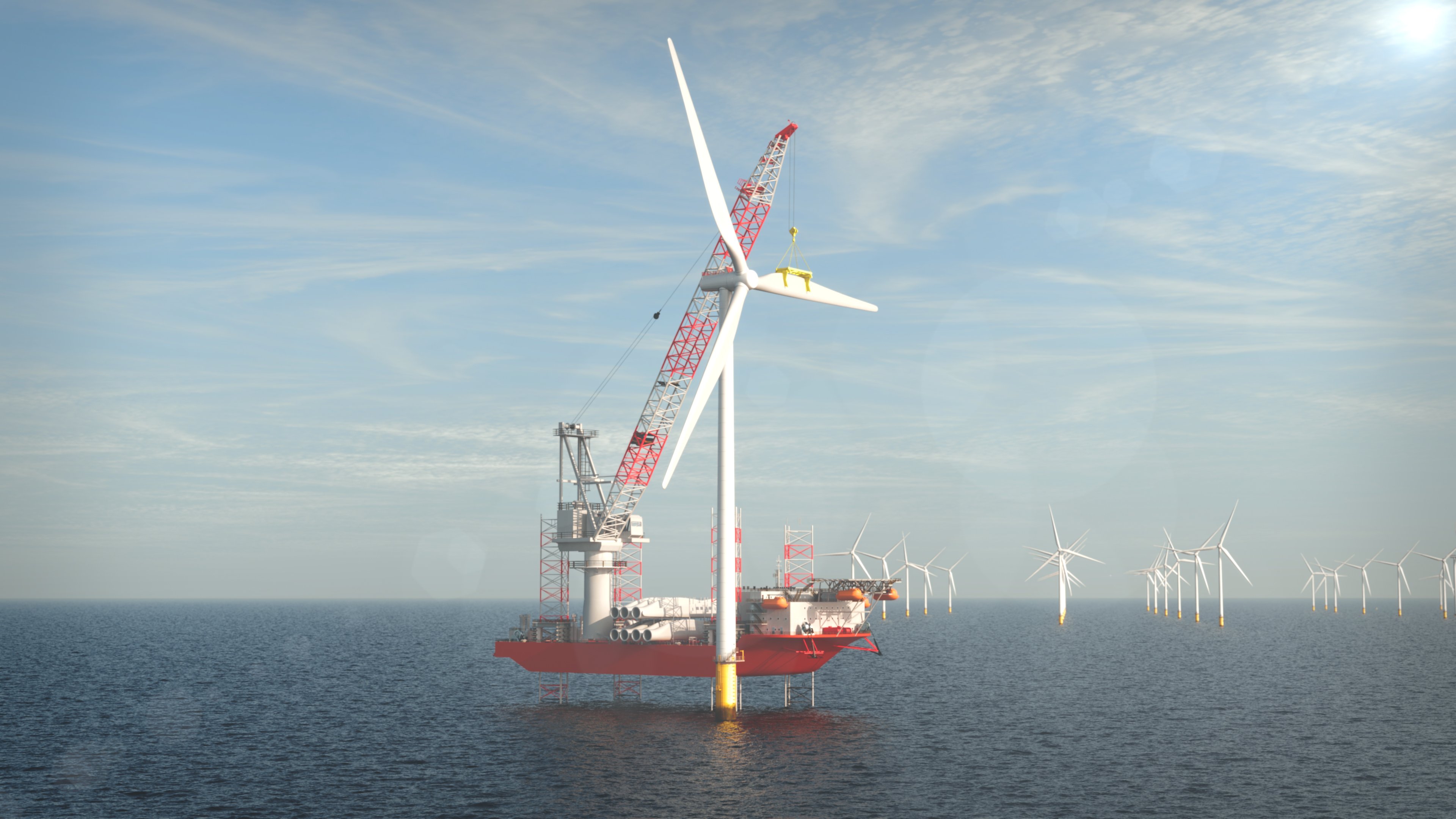 A rendering shows a wind farm installation vessel installing a turbine in an offshore wind farm in calm seas