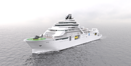 Rendering of Inkfish's new research vessel equipped with an AUV hangar and subsea docking capabilities for autonomous underwater vehicle operations.