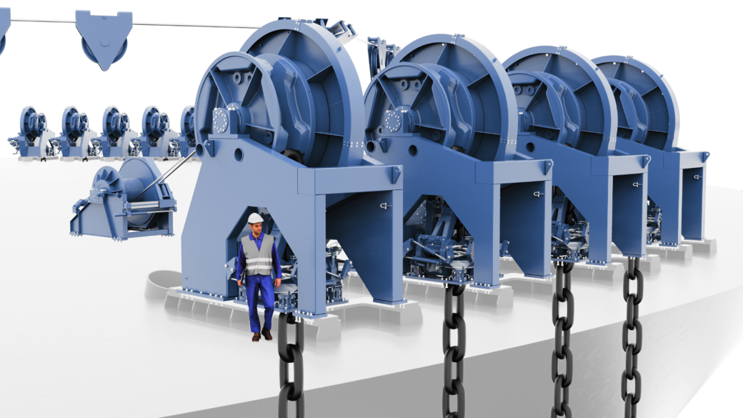 Rendering of high-capacity FPSO mooring deck machinery, including chain pull-in winches and heavy mooring chains, supplied by Kongsberg Maritime for offshore applications.