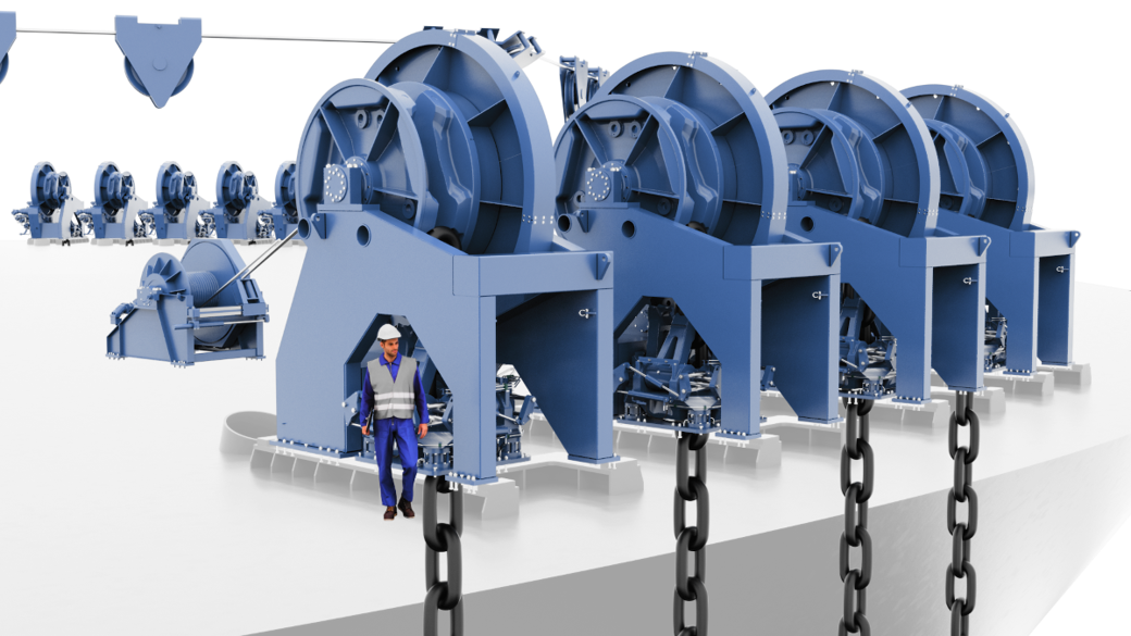 Rendering of high-capacity FPSO mooring deck machinery, including chain pull-in winches and heavy mooring chains, supplied by Kongsberg Maritime for offshore applications.