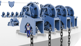 Rendering of high-capacity FPSO mooring deck machinery, including chain pull-in winches and heavy mooring chains, supplied by Kongsberg Maritime for offshore applications.