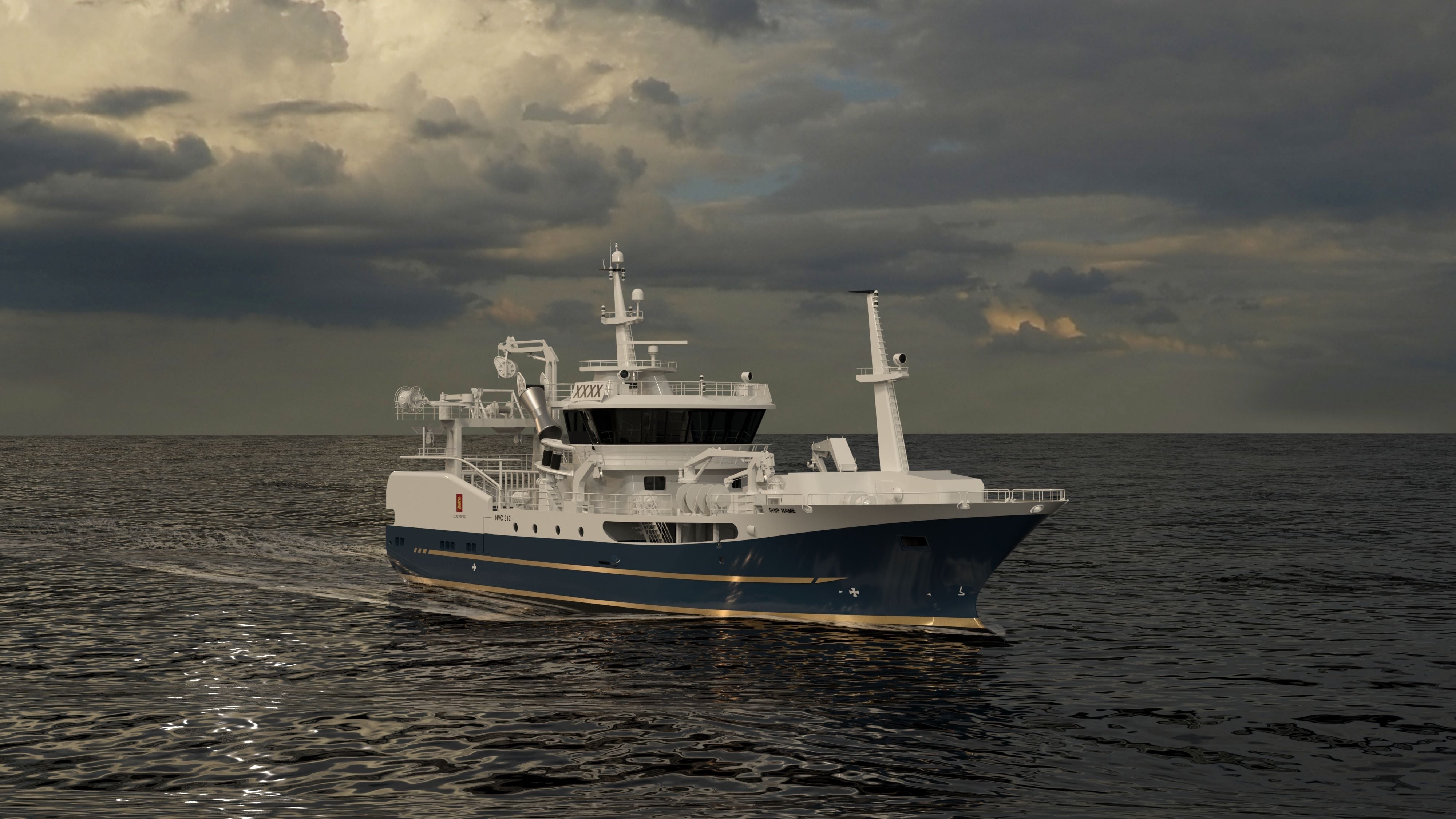 A 3D rendering depicts a purse seiner vessel motoring slowly in calm seas with a cloudy sky