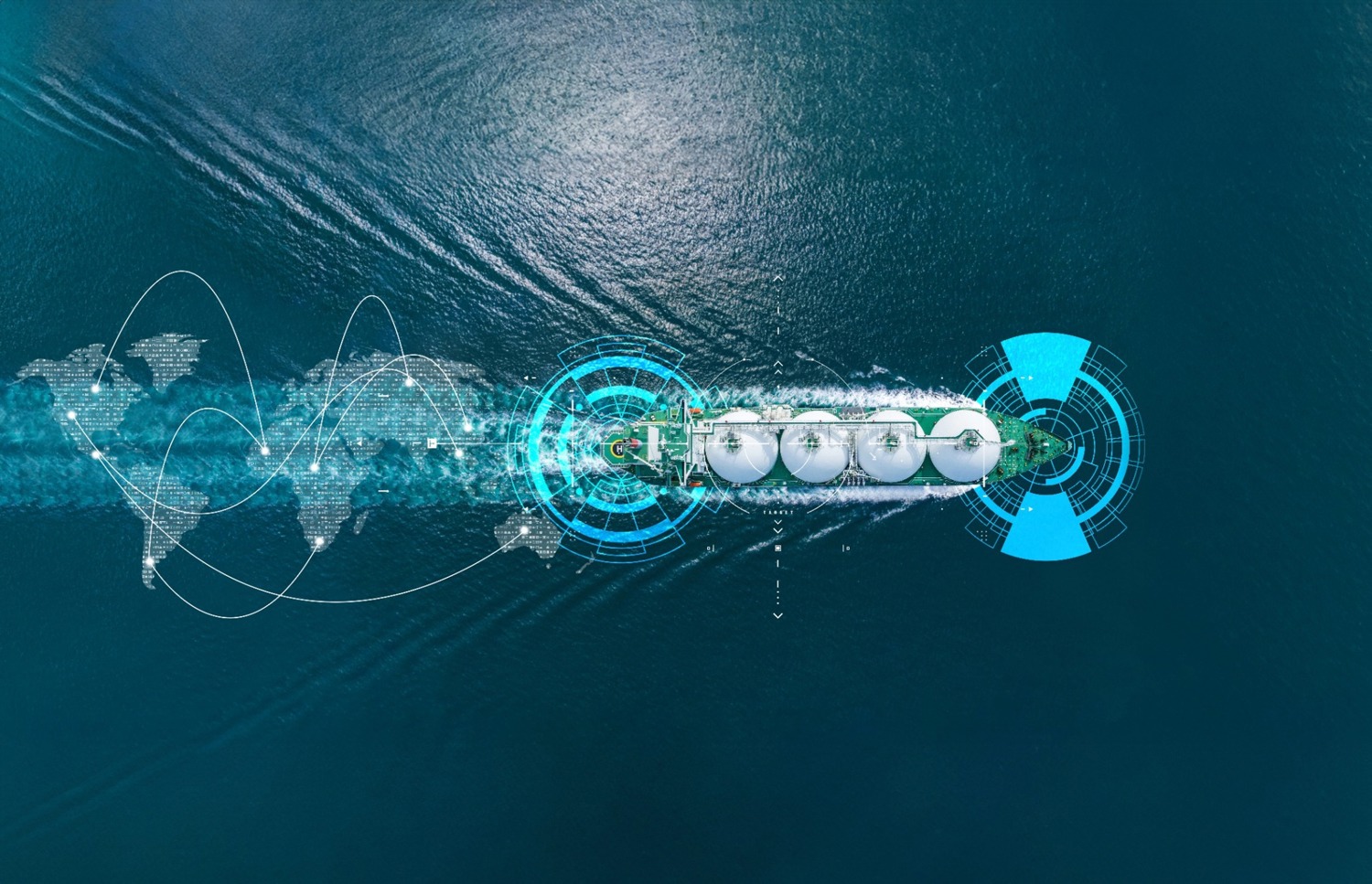 A ship on the ocean with a data overlay and global connectivity visuals