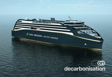 Concept render of a zero-emission cruise ship sailing at sea, featured in the ON Decarbonisation campaign