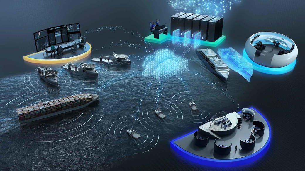 Illustrated maritime digital ecosystem showing multiple vessels and offshore assets connected through glowing, data-driven interfaces on the ocean.