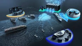 Illustrated maritime digital ecosystem showing multiple vessels and offshore assets connected through glowing, data-driven interfaces on the ocean.