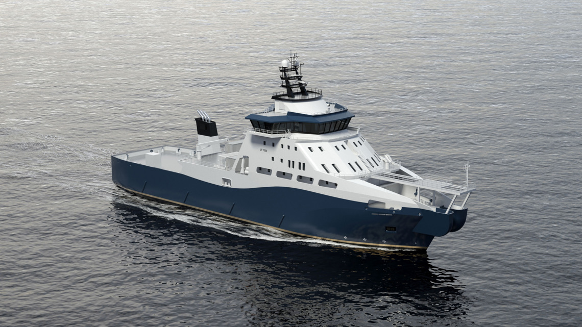 Kongsberg Maritime UT 7320 cable maintenance vessel design with dark blue hull