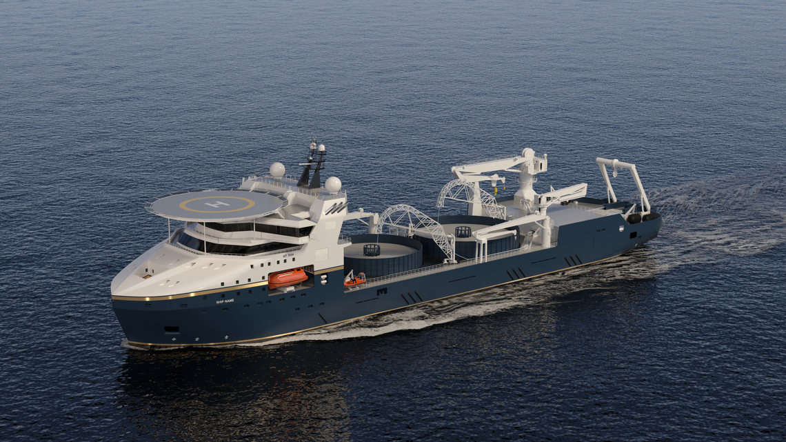 Kongsberg Maritime UT 7332 cable laying vessel design with dark blue hull