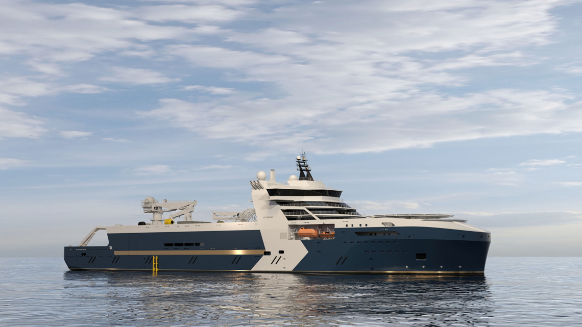 Kongsberg Maritime UT 7334 CLV cable laying vessel design with dark blue hull