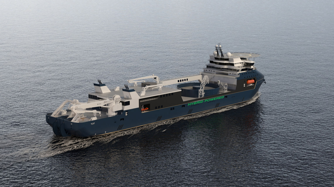 Kongsberg Maritime UT 7335 CL cable laying vessel design with dark blue hull