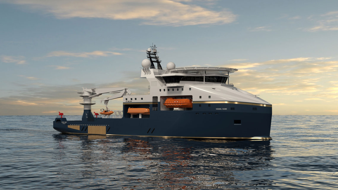 Kongsberg Maritime UT 7623 diving support vessel design with dark blue hull and golden lines