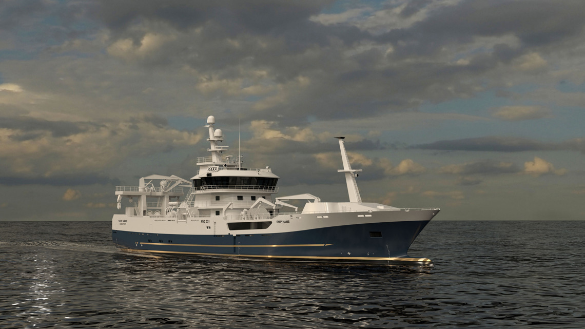 Kongsberg Maritime 331 Pelagic Trawler design with dark blue hull