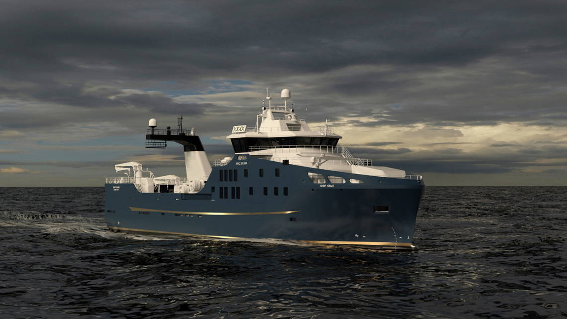 Kongsberg Maritime NVC 370 WP Stern Trawler design with dark blue hull