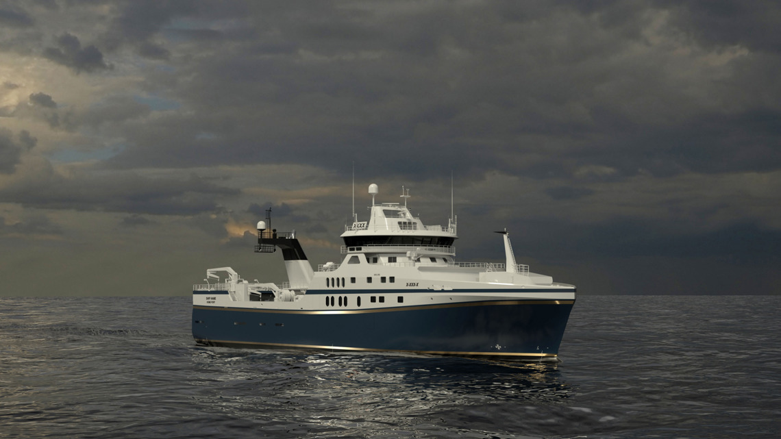Kongsberg Maritime NVC 372 Stern Trawler design with dark blue hull