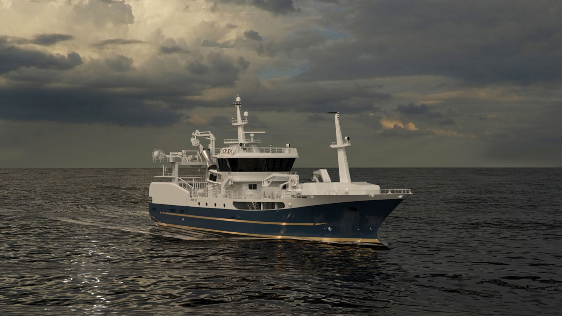 Kongsberg Maritime NVC 312 Purse Seiner Design with dark blue hull and golden details