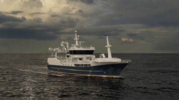 Kongsberg Maritime NVC 312 Purse Seiner Design with dark blue hull and golden details