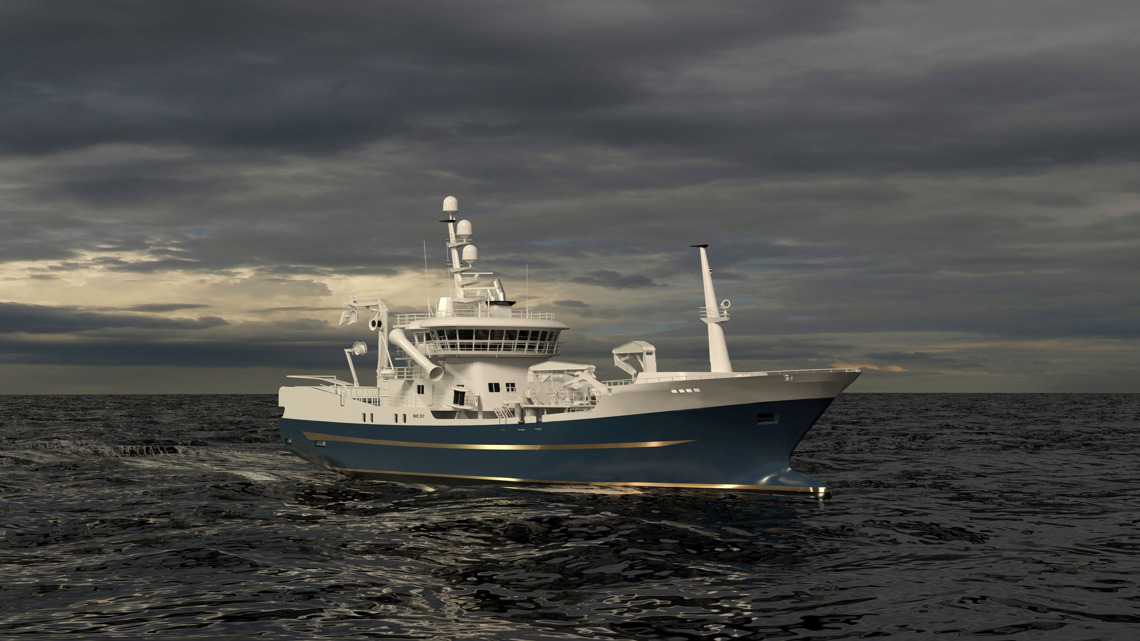 Kongsberg Maritime NVC 317 Purse Seiner Design with dark blue hull and golden details
