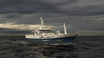 Kongsberg Maritime NVC 317 Purse Seiner Design with dark blue hull and golden details