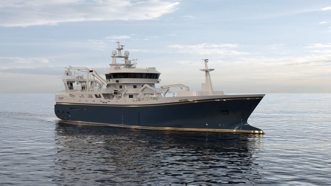 Kongsberg Maritime NVC 353 Purse Seiner Pelagic Trawler Design with dark blue hull