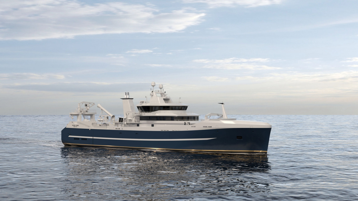 Kongsberg Maritime NVC 356 WP Purse Seiner Pelagic Trawler Design with dark blue hull
