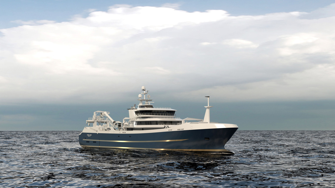 Kongsberg Maritime NVC 356 Purse Seiner Pelagic Trawler Design with dark blue hull