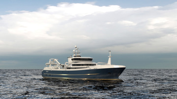 Kongsberg Maritime NVC 356 Purse Seiner Pelagic Trawler Design with dark blue hull