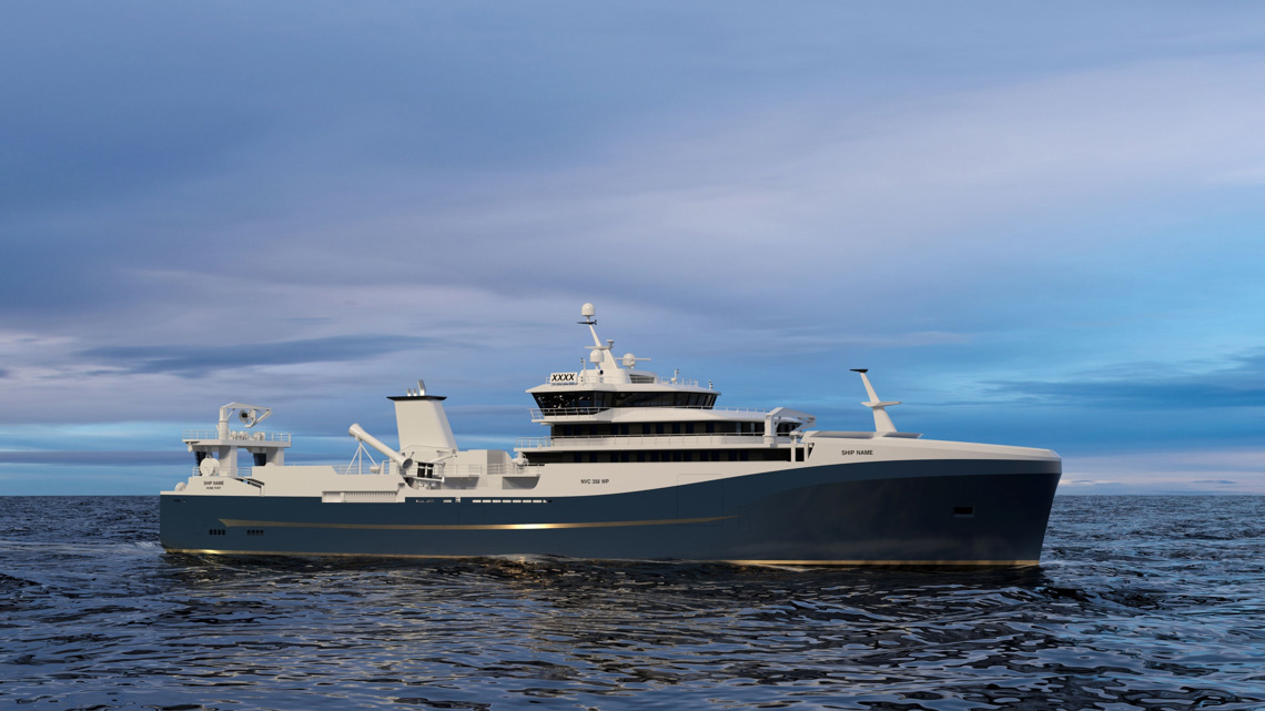 Kongsberg Maritime NVC 358 WP Purse Seiner Pelagic Trawler Design with dark blue hull