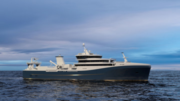 Kongsberg Maritime NVC 358 WP Purse Seiner Pelagic Trawler Design with dark blue hull