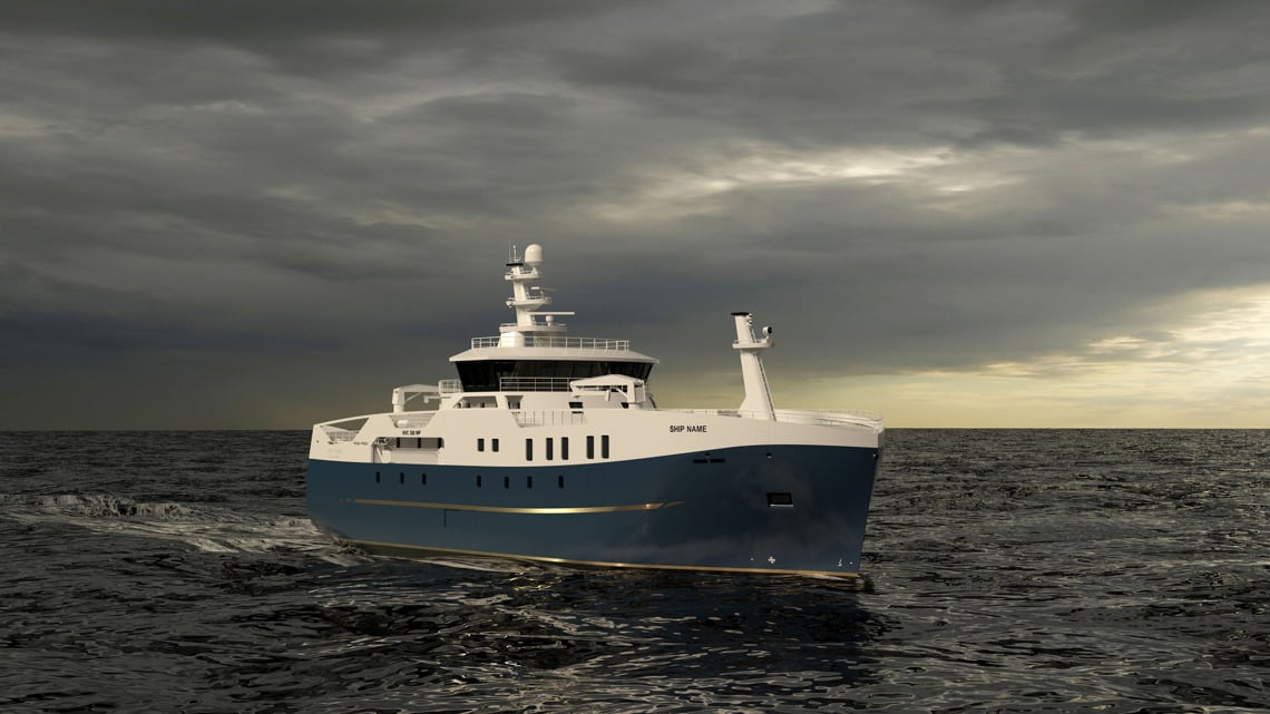 Kongsberg Maritime NVC 308WP 61m Longliner ship design with dark blue hull