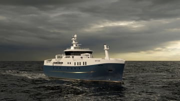 Kongsberg Maritime NVC 308WP 61m Longliner ship design with dark blue hull