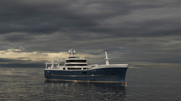 Kongsberg Maritime 331 WP 75m Pelagic Trawler design with dark blue hull