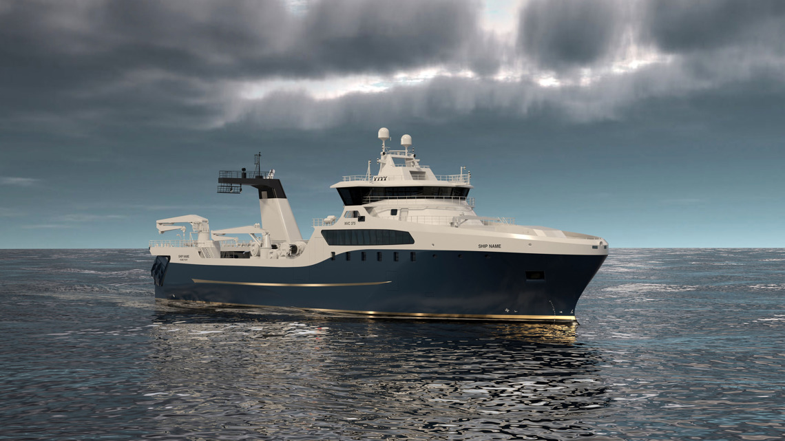 Kongsberg Maritime NVC 375 Stern Trawler design with dark blue hull