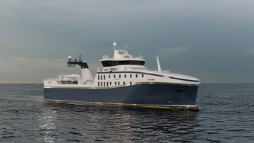Kongsberg Maritime NVC 376WP 88m Stern Trawler design for arctic waters with dark blue hull