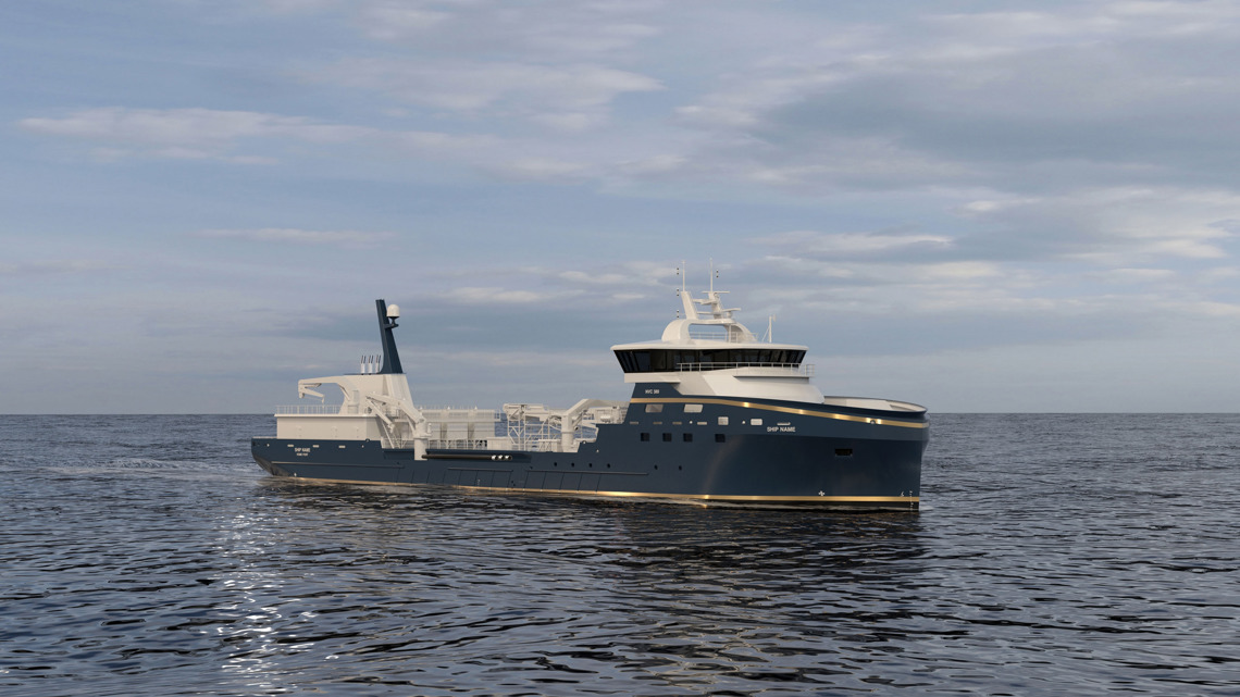 Kongsberg Maritime NVC 389 87m Live fish carrier ship design with dark blue hull