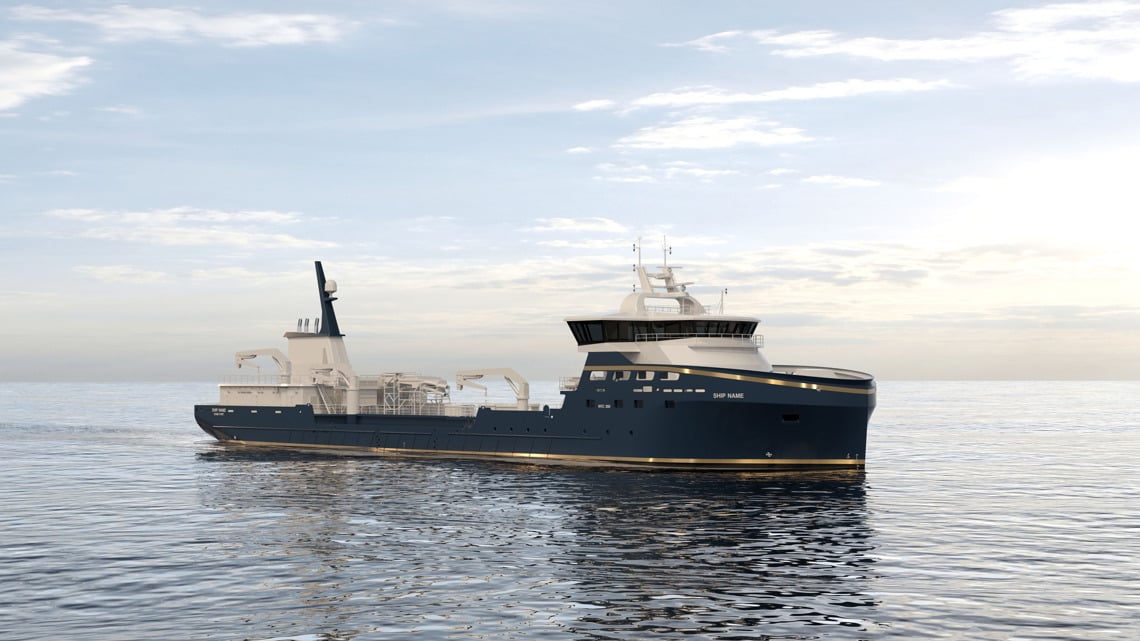 Kongsberg Maritime NVC 390 92m Live fish carrier ship design with dark blue hull