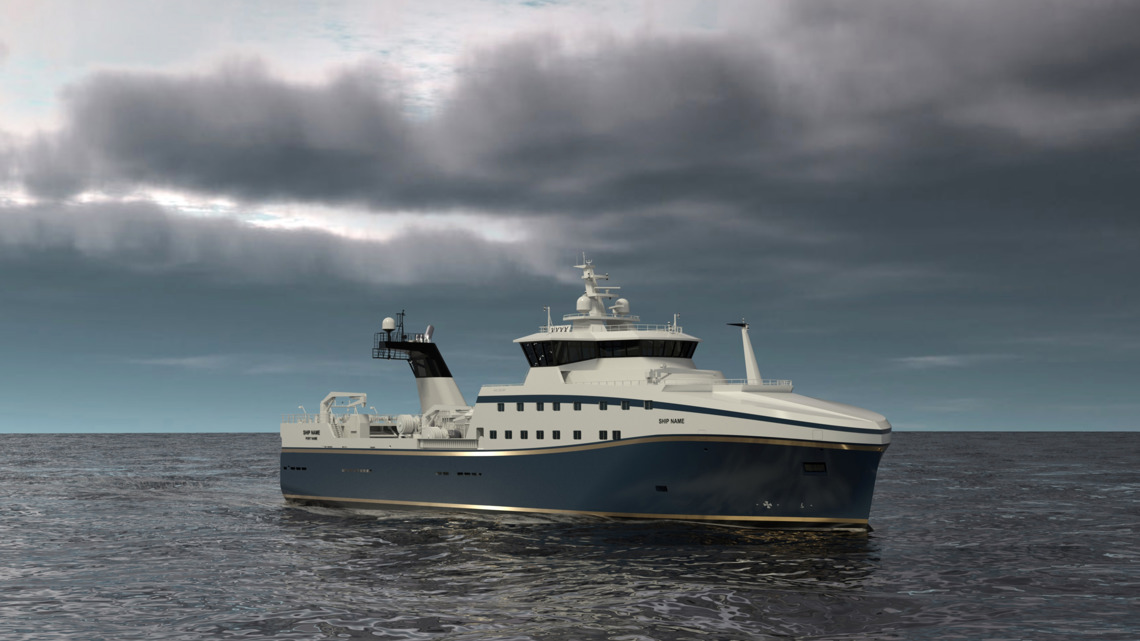 Kongsberg Maritime NVC 375WP Stern Trawler design with dark blue hull