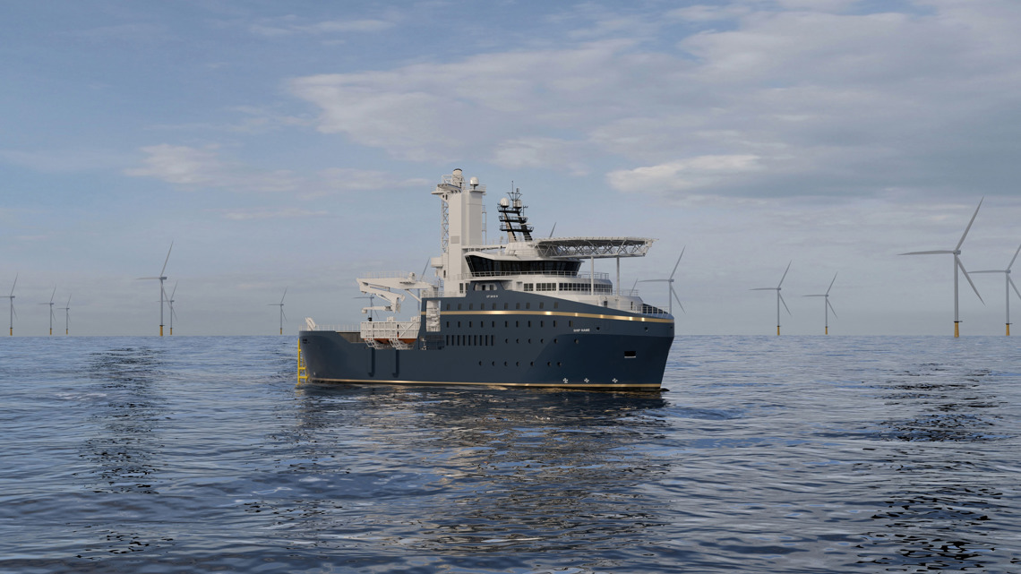 Kongsberg Maritime wind farm service ship design with dark blue hull and golden details
