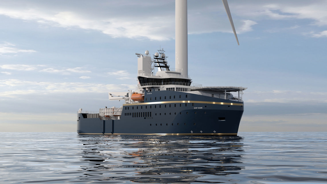 Kongsberg Maritime UT 5419 HL floating wind farm installation vessel design with dark blue hull and golden details