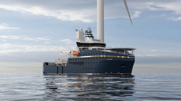 Kongsberg Maritime UT 5419 HL floating wind farm installation vessel design with dark blue hull and golden details