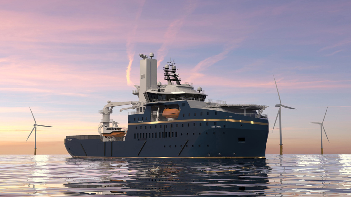 Kongsberg Maritime UT 5520 MH floating wind farm installation vessel design with dark blue hull and golden details