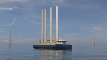 Kongsberg Maritime UT 5844 turbine installation feeder vessel design with dark blue hull