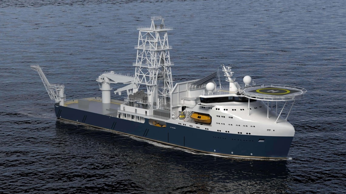 Kongsberg Ship UT 7730 mobile offshore unit design with dark blue hull and golden lines