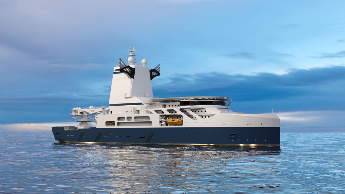 Kongsberg Ship UT 7728 mobile offshore unit design with dark blue hull and golden lines