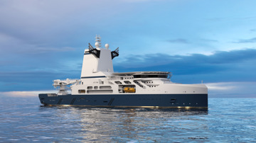 Kongsberg Ship UT 7728 mobile offshore unit design with dark blue hull and golden lines