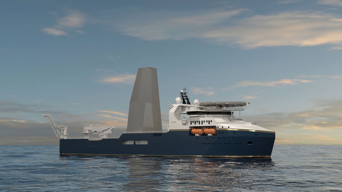 Kongsberg Ship UT 7730 mobile offshore unit design with dark blue hull and golden lines